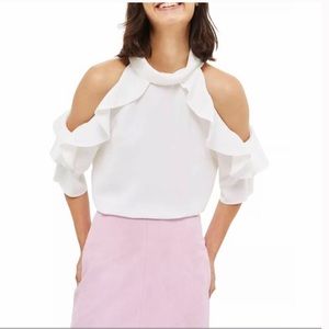 Topshop Size 2 White Cold Shoulder Ruffle Sleeve Blouse